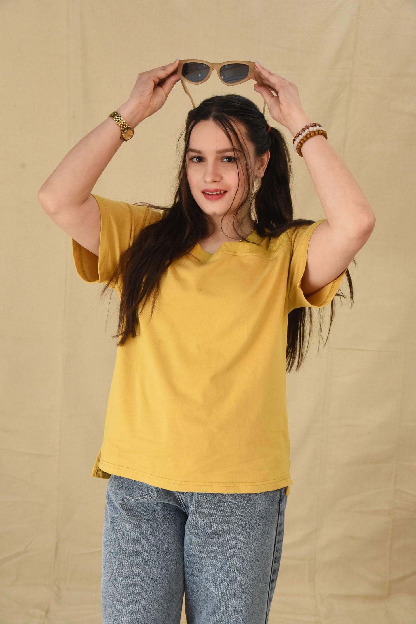 Mustard Asymmetric Neckline Tee