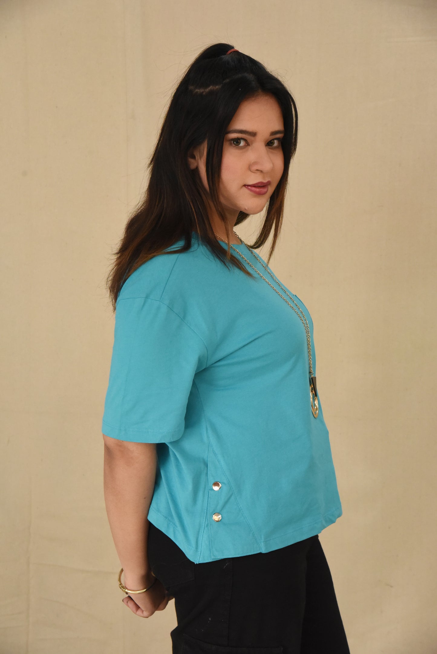 Turquoise Pocket Tee with Side Snaps