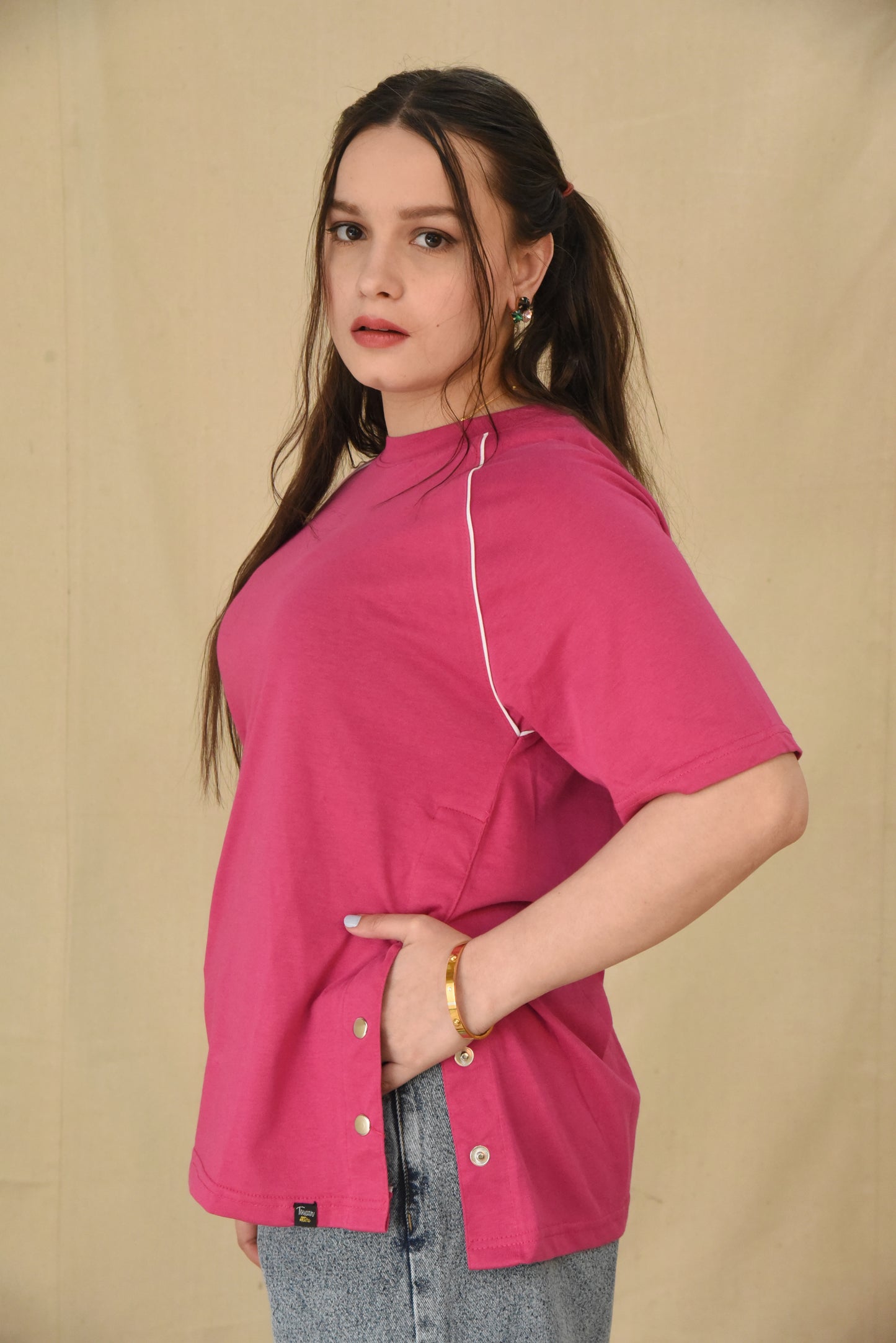 Pink Athletic Tee with Side Snaps