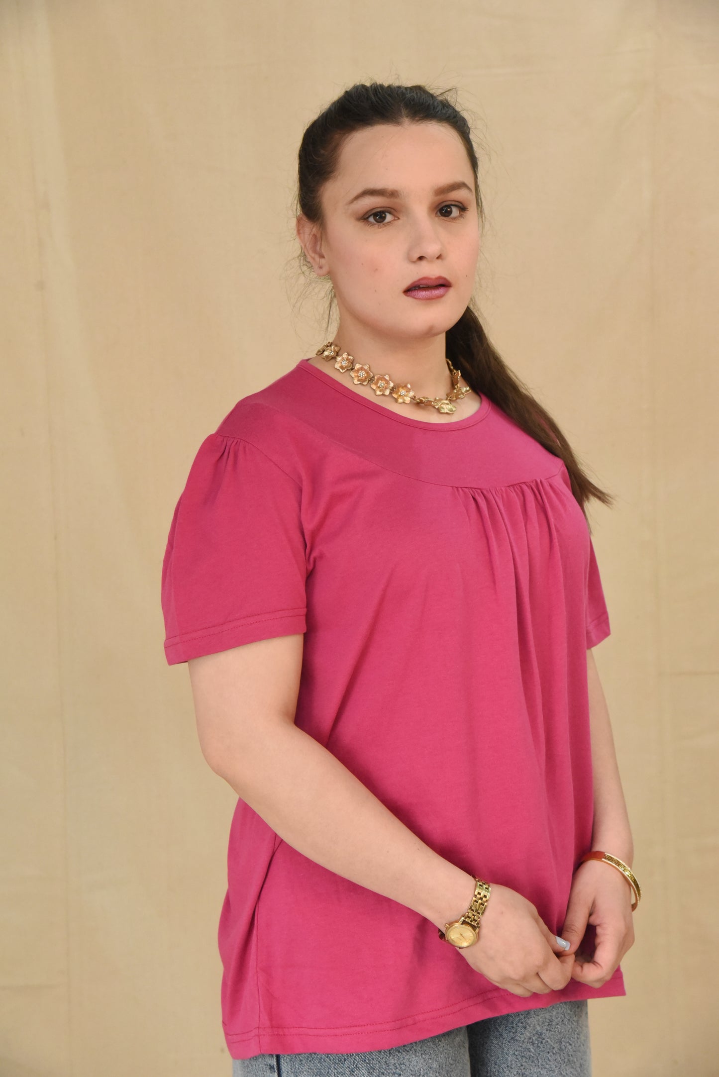 Fuchsia Gathered Yoke Top