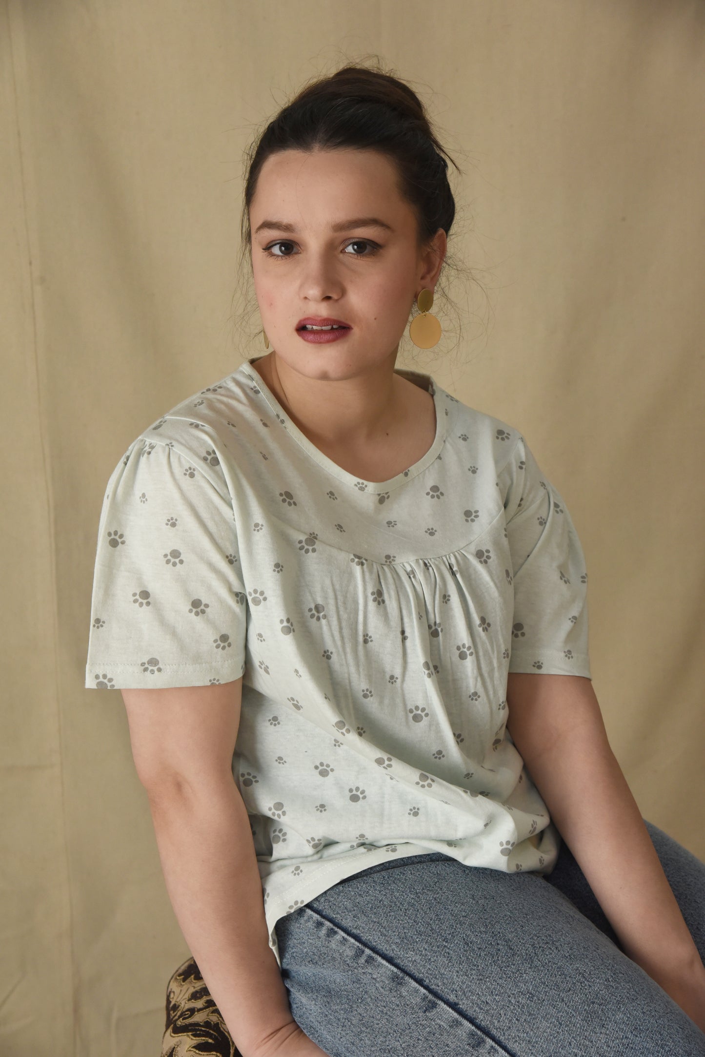 White Gathered Yoke Top
