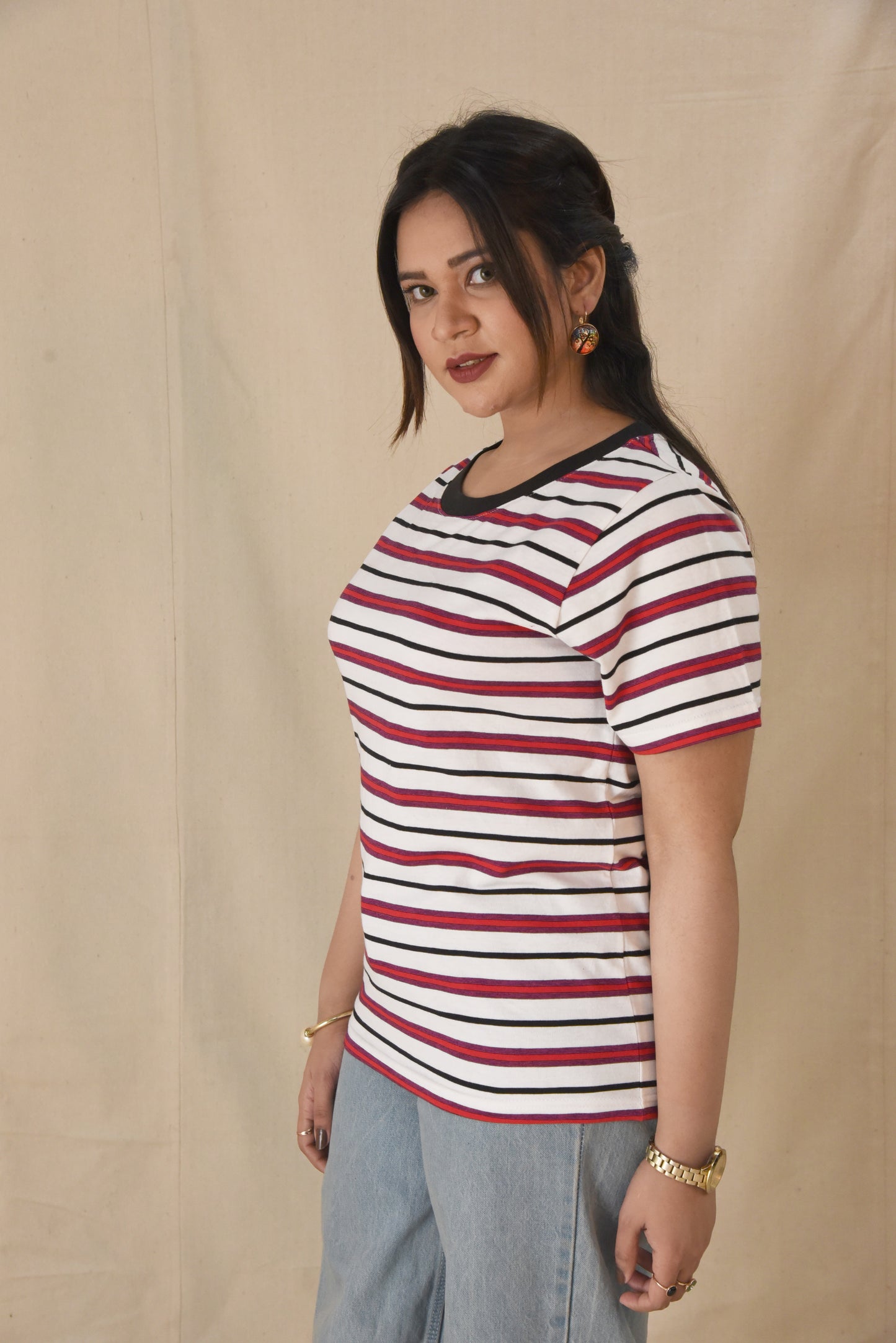 Red & Black Striped Crew Neck T-Shirt