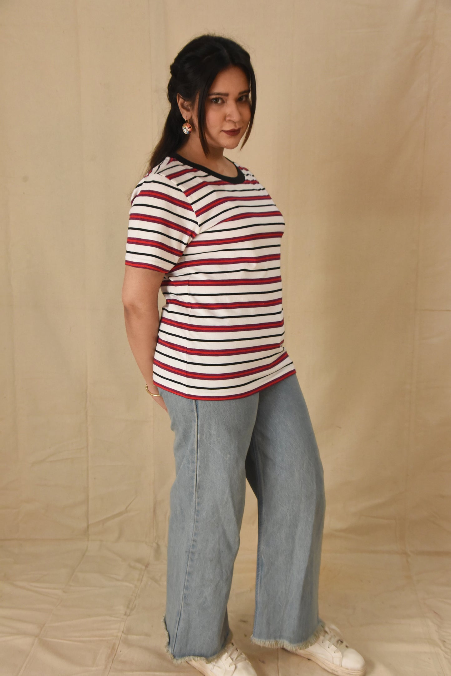 Red & Black Striped Crew Neck T-Shirt