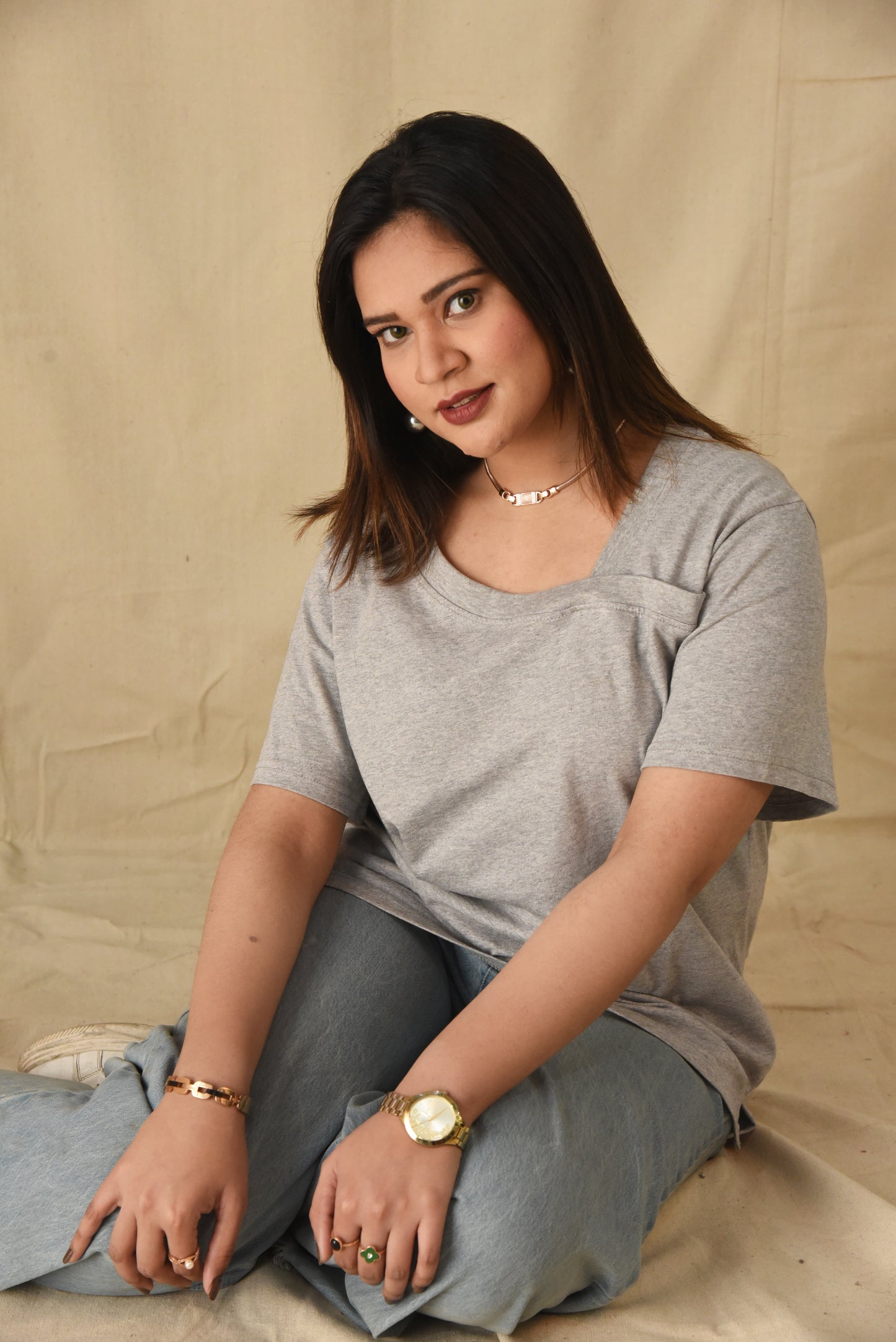 Gray Asymmetric Neckline Tee