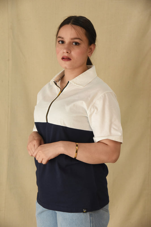 Two-Tone Zip Polo T-Shirt - Navy/White