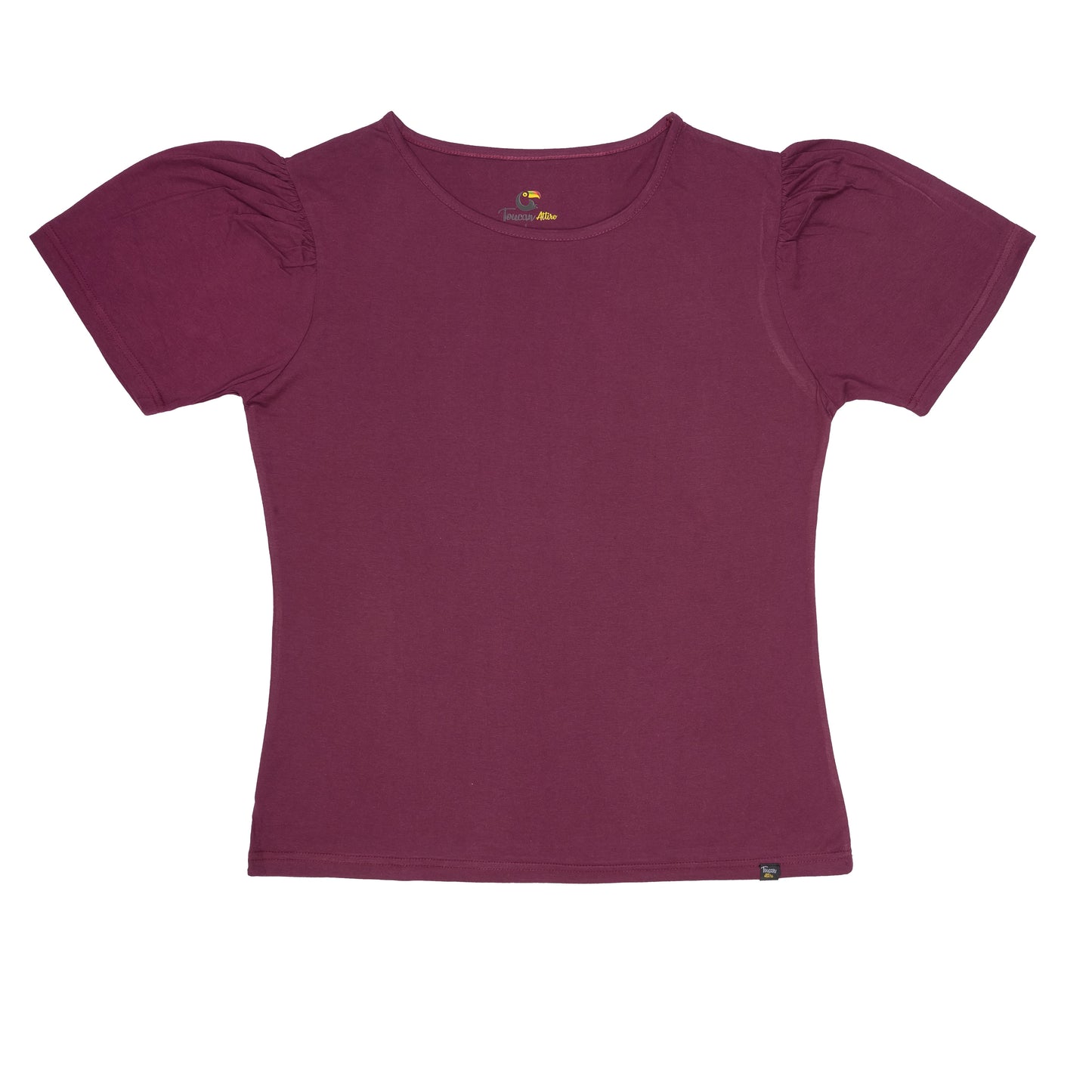 Puff Sleeve Round Neck T-Shirt - Maroon