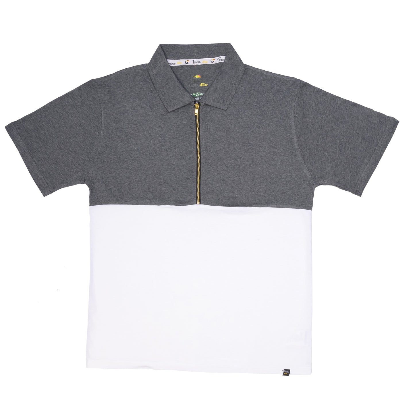 Two- Tone Zip Polo T-Shirt - Grey/White