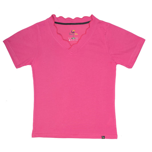 V-Neck Scalloped T-Shirt - Pink