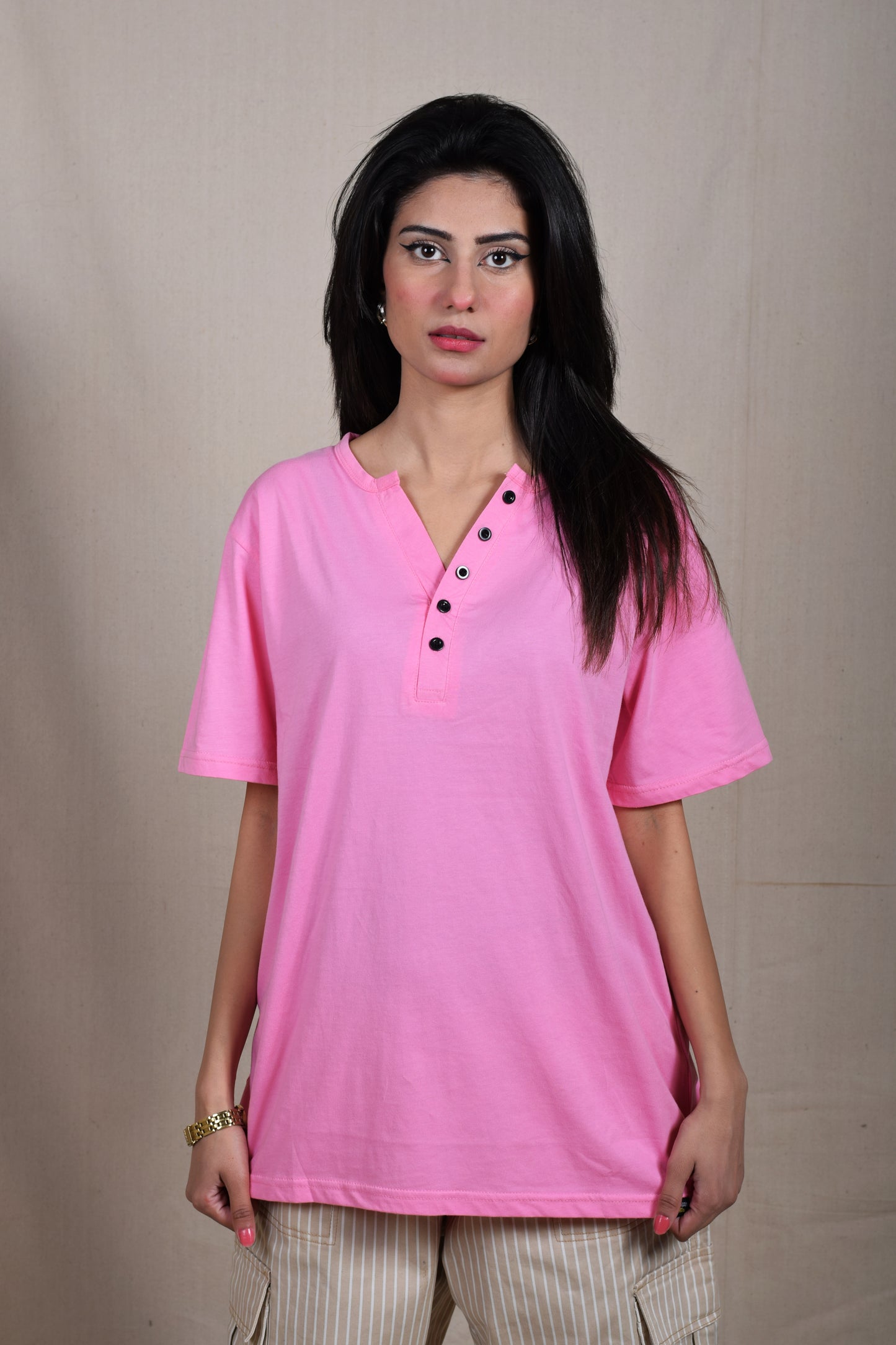 Pink Cotton Henley Tee