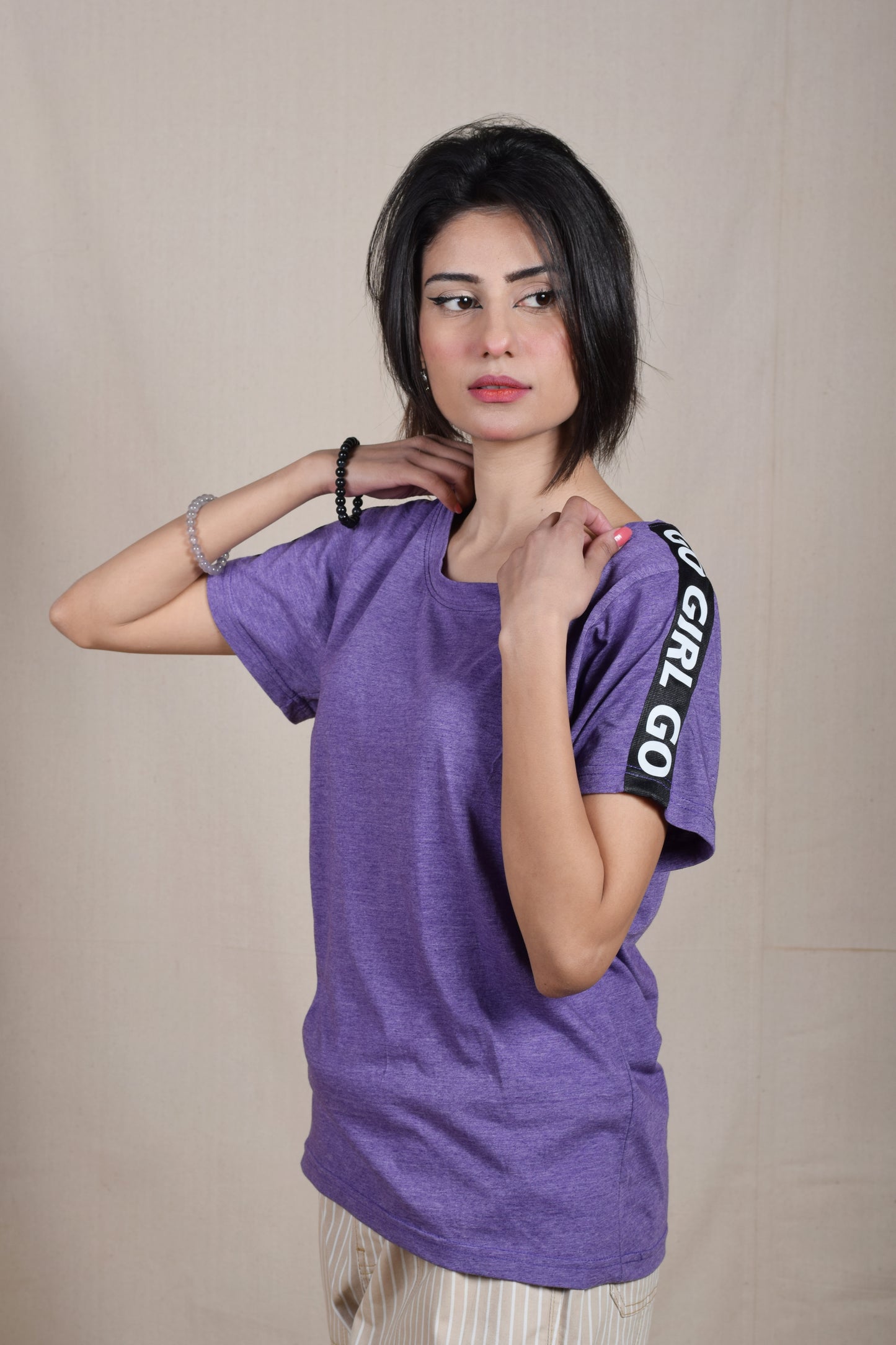 Lavender Go Girl Stripe Shoulder Tee