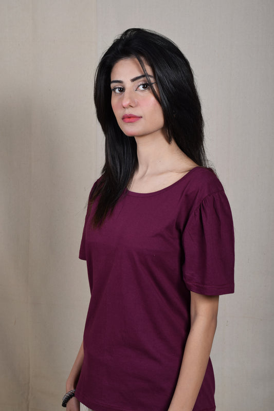 Puff Sleeve Round Neck T-Shirt - Maroon