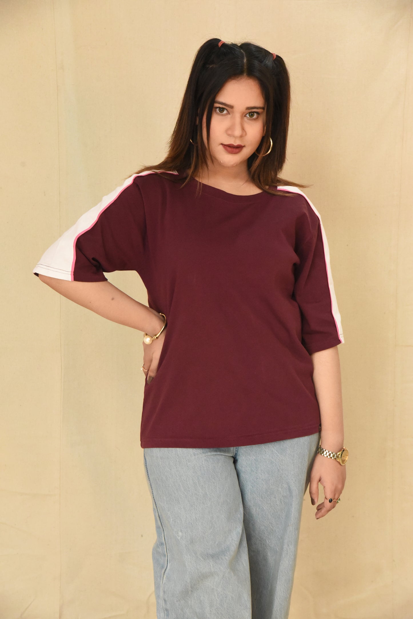 Side Stripe Athletic T-Shirt - Maroon