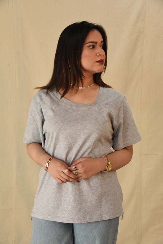 Gray Asymmetric Neckline Tee